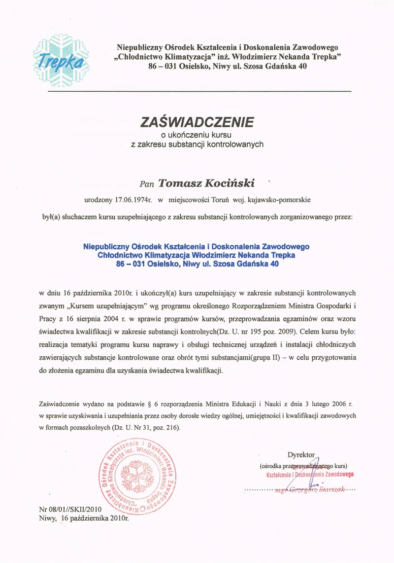 Zaświadczenie dotyczące instalacji chłodniczych – skan