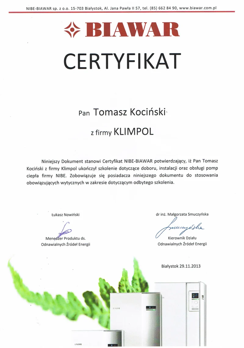 Certyfikat Biawar – skan