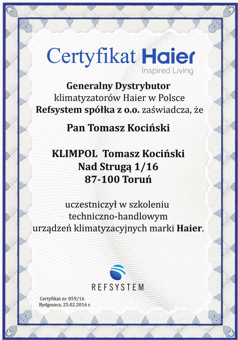 Certyfikat Haier – skan