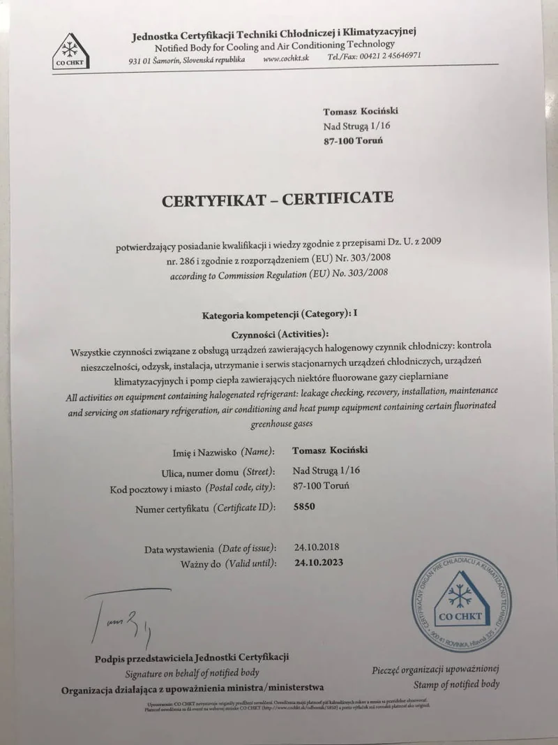 Certyfikat zgodności – skan dokumentu