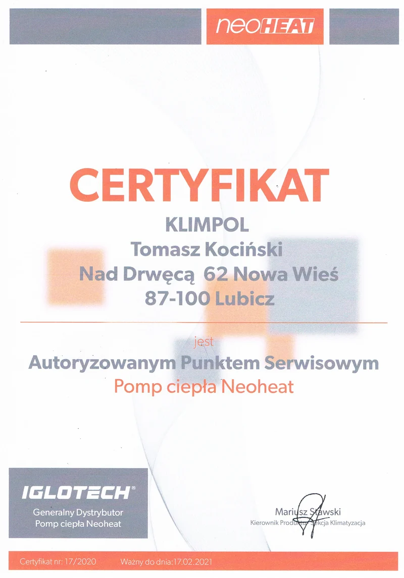 Certyfikat Neoheat, ważny do 17 lutego 2021 r. – skan